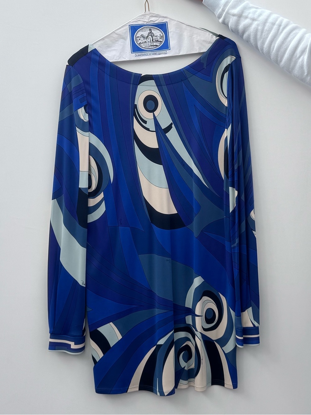 Emilio Pucci Cobalt Blue Swirl Print Silk Jersey Top Boat Neck IT 48 US 14